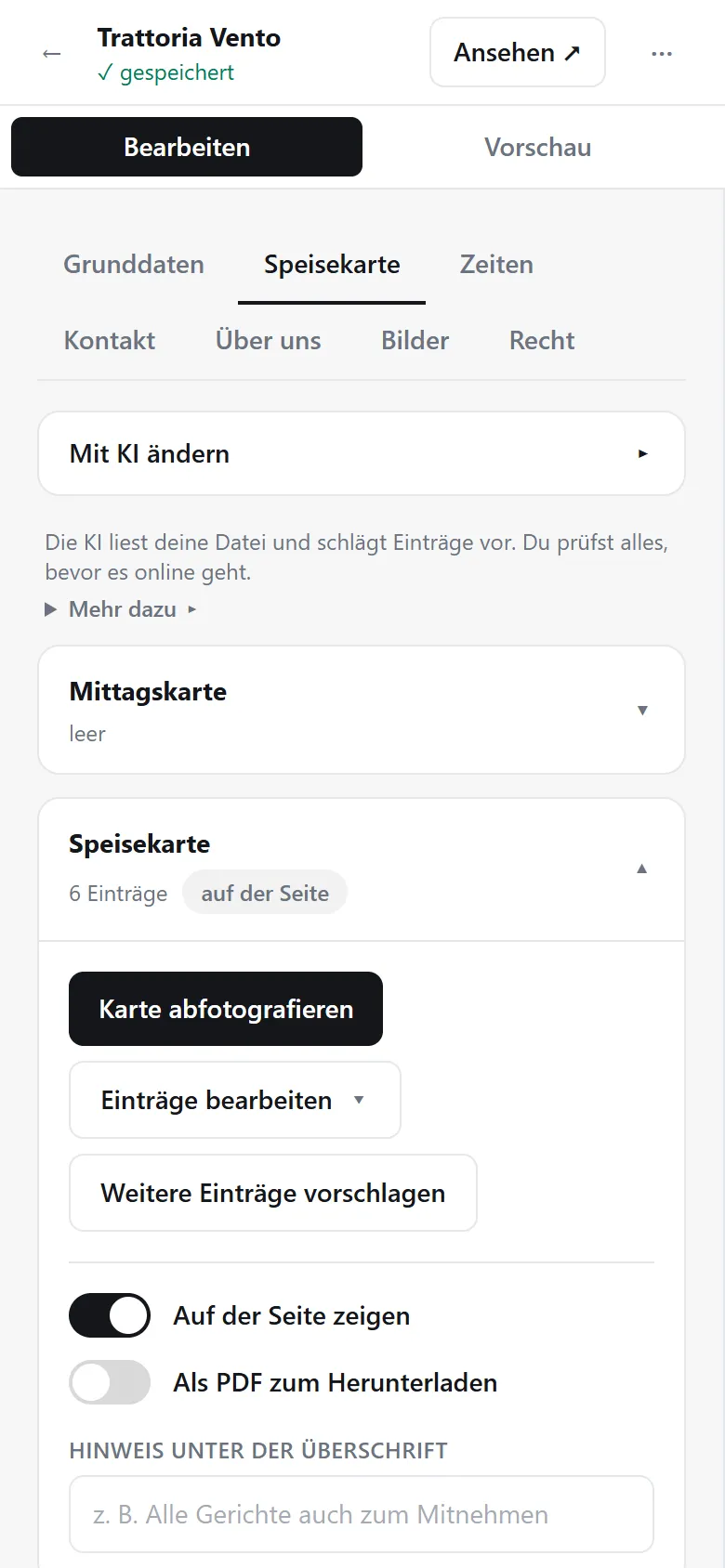 „Trattoria Vento“ im Histy-Editor auf dem Handy: die Speisekarte mit dem Knopf „Karte abfotografieren“