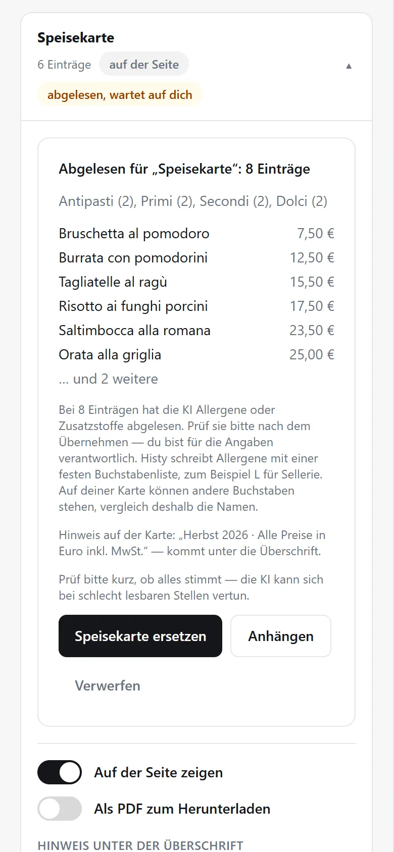 „Trattoria Vento“ im Histy-Editor auf dem Handy: die abgelesene Speisekarte mit Gerichten, Preisen und einem Hinweis zu den Allergenen, darunter „Speisekarte ersetzen“, „Anhängen“ und „Verwerfen“