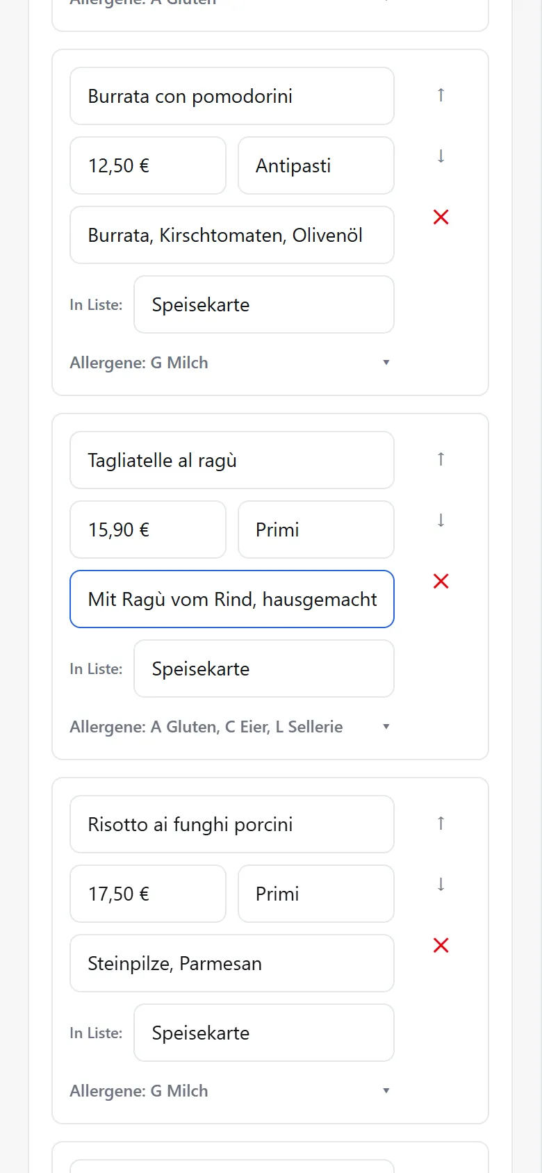 „Trattoria Vento“ im Histy-Editor auf dem Handy: die Tagliatelle aufgeklappt, mit neuem Preis und neuer Beschreibung
