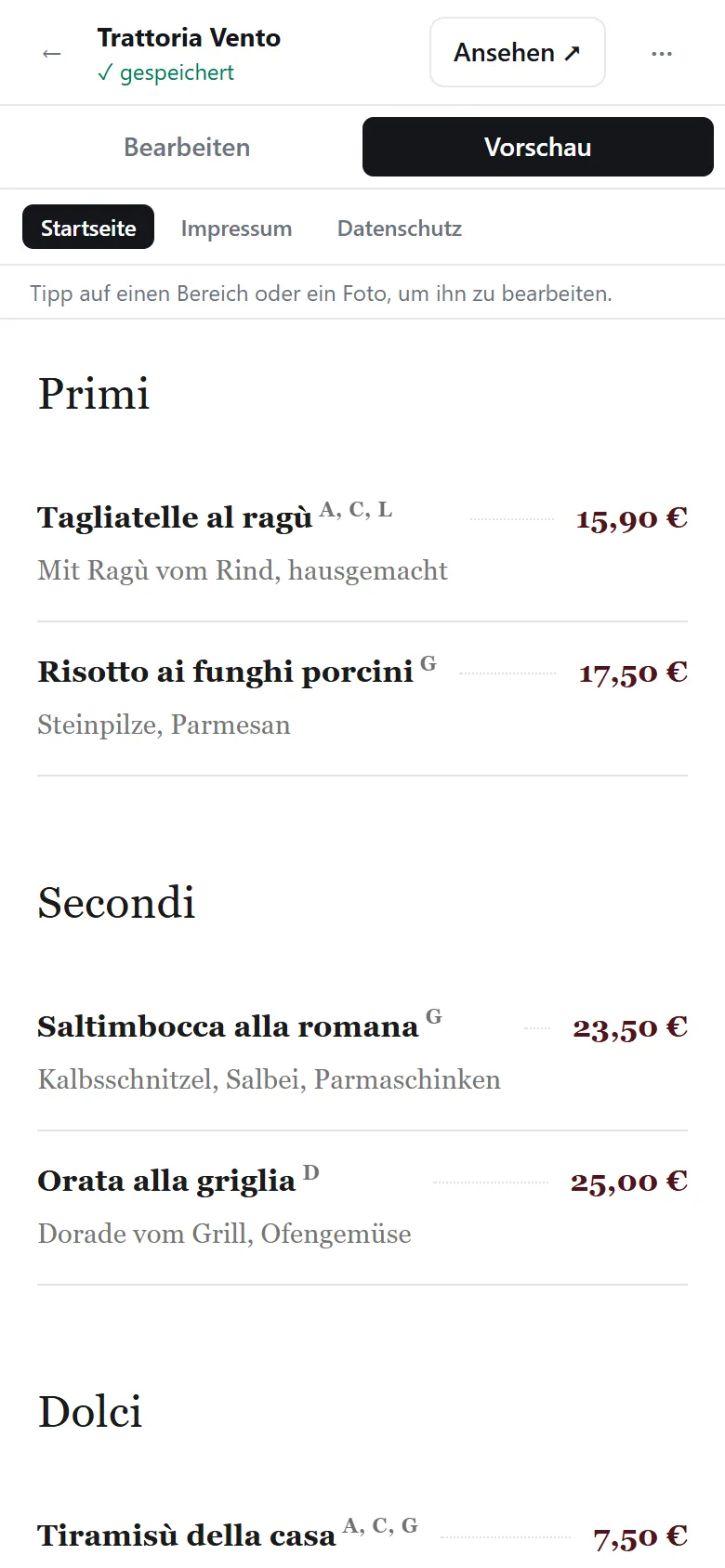 „Trattoria Vento“ im Histy-Editor auf dem Handy: oben „✓ gespeichert“, darunter die geänderten Tagliatelle in der Vorschau der Seite