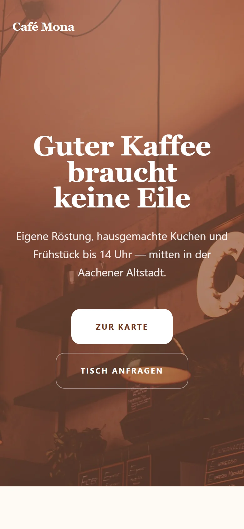 Example page “Café Mona” on a phone: the top of the page