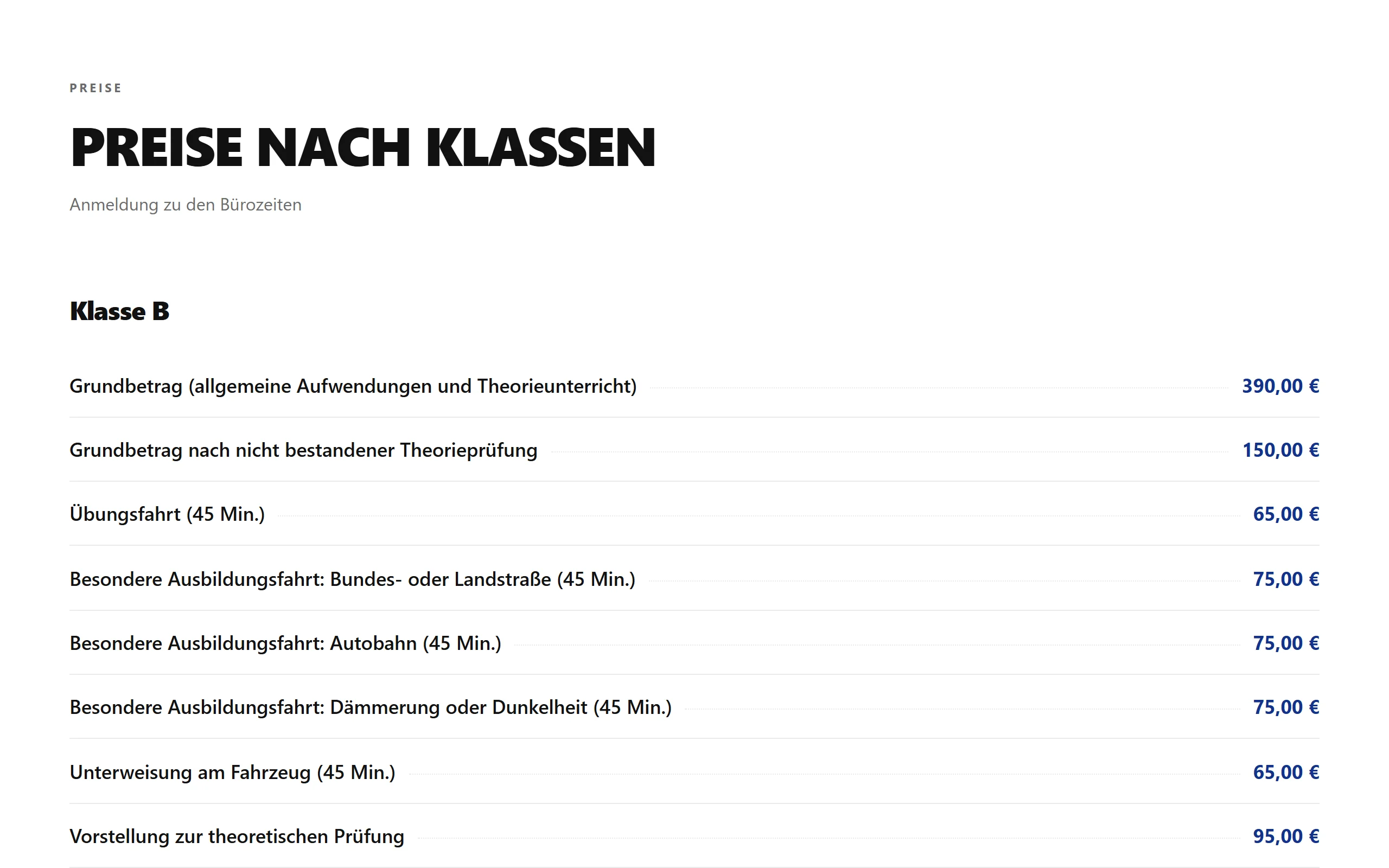 Example page “Fahrschule Weber” on a computer: a driving school's prices per licence class