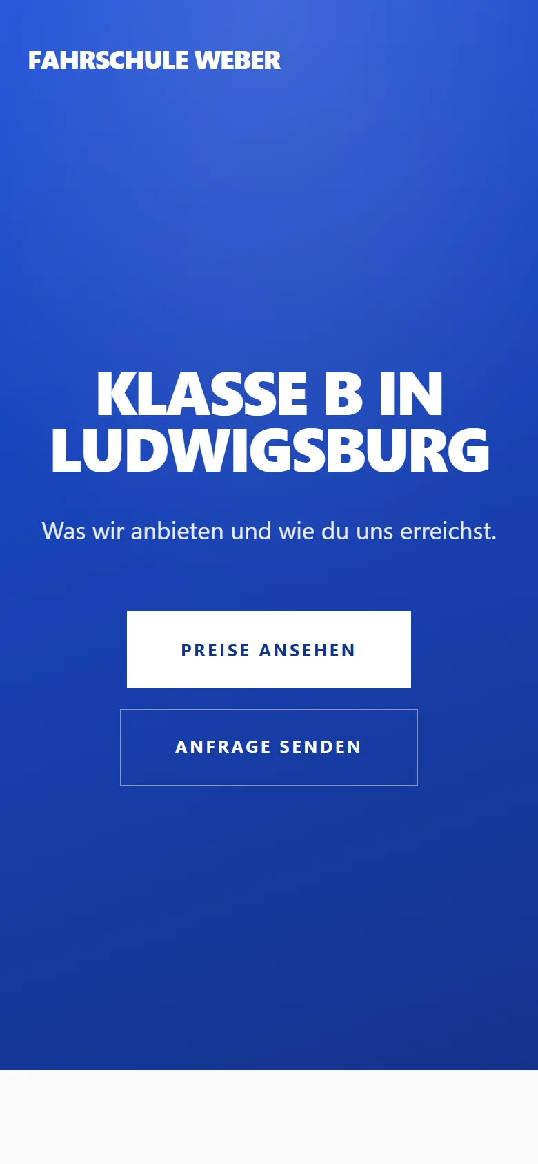 Example page “Fahrschule Weber” on a phone: the top of the page