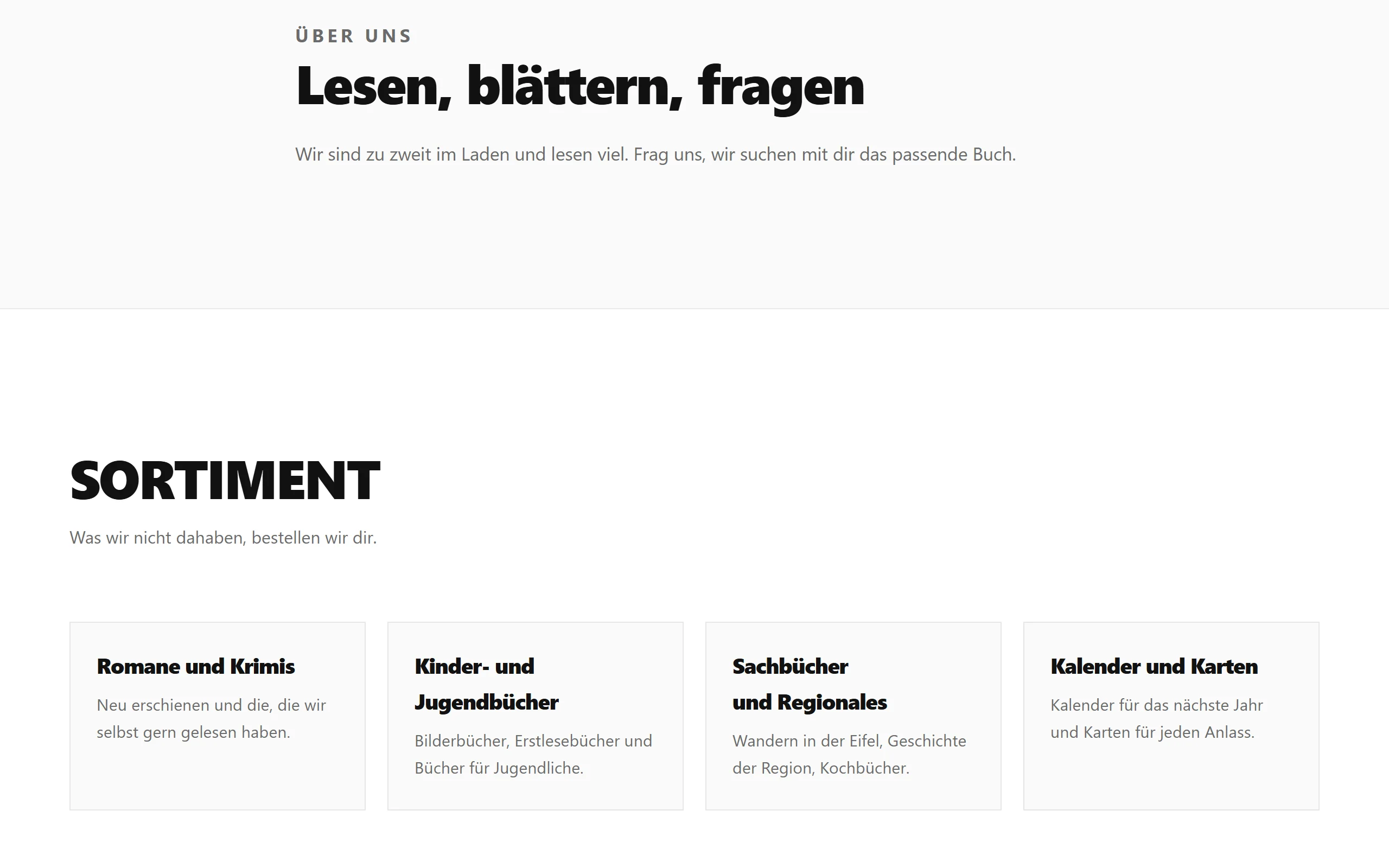 Example page “Buchladen am Markt” on a computer: the range of a bookshop in product groups