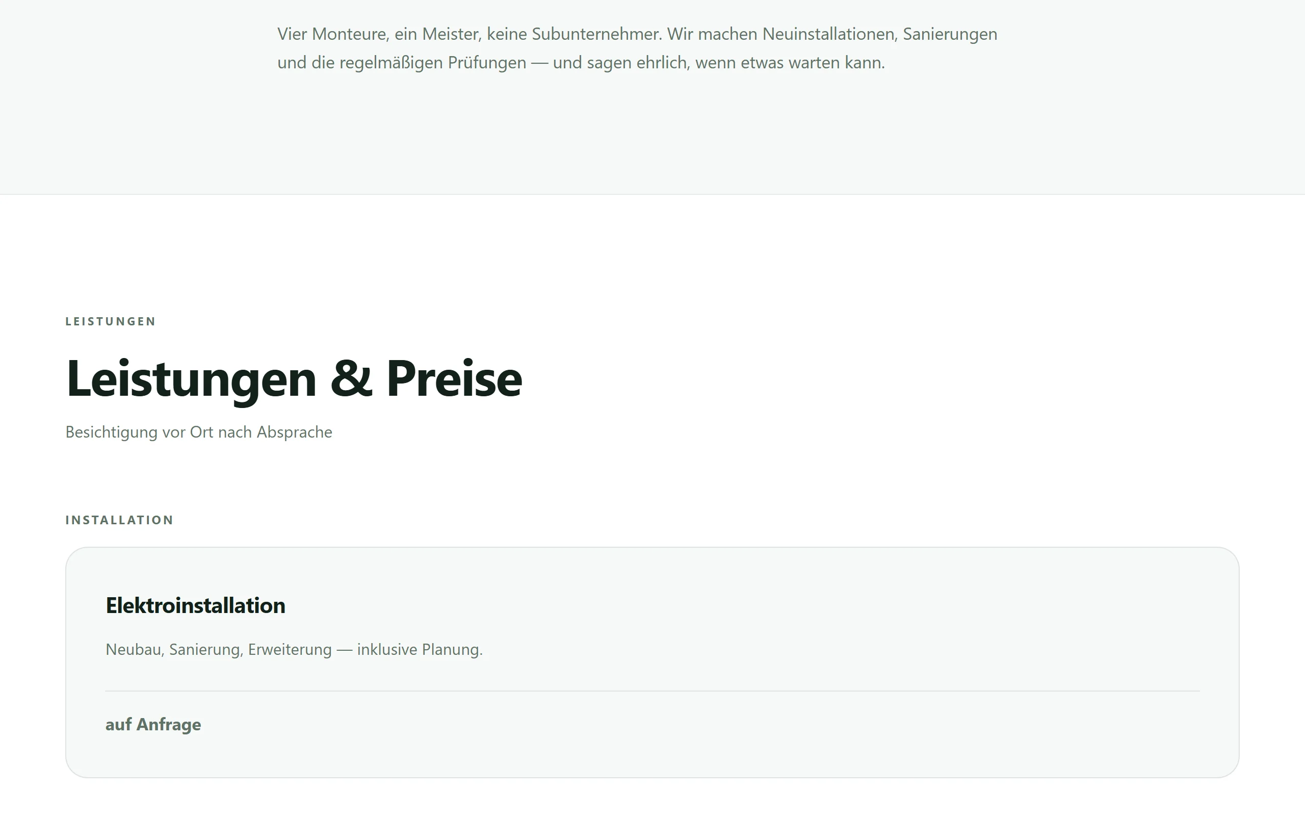 Beispielseite „Elektro Berg“ am Computer: die Leistungen eines Elektrobetriebs mit Preisen