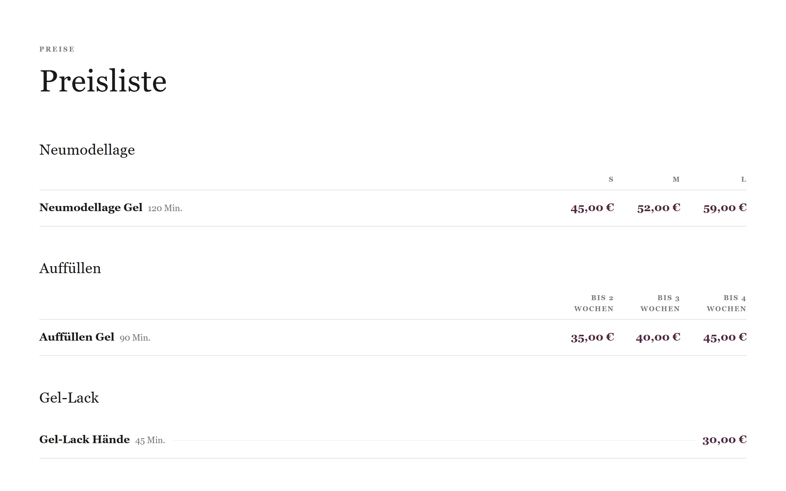 Example page “Nails by Lina” on a computer: the price list with lengths and refill steps