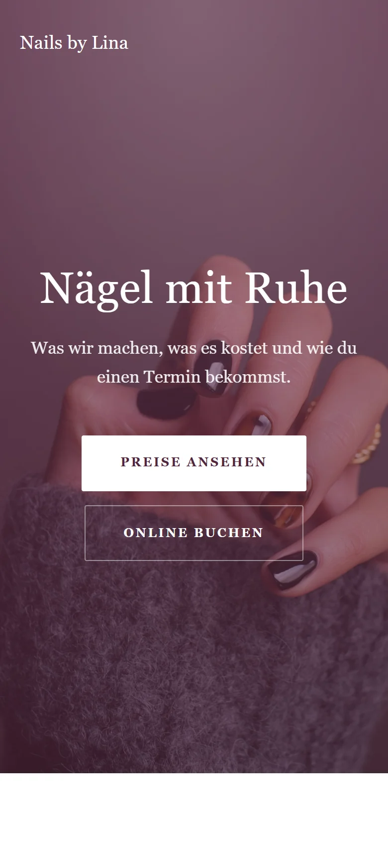 Example page “Nails by Lina” on a phone: the top of the page